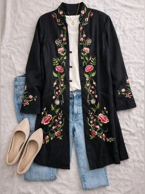 Victor Costa Black Embroidered Floral Duster Jacket Women’s 1X Statement Coat
